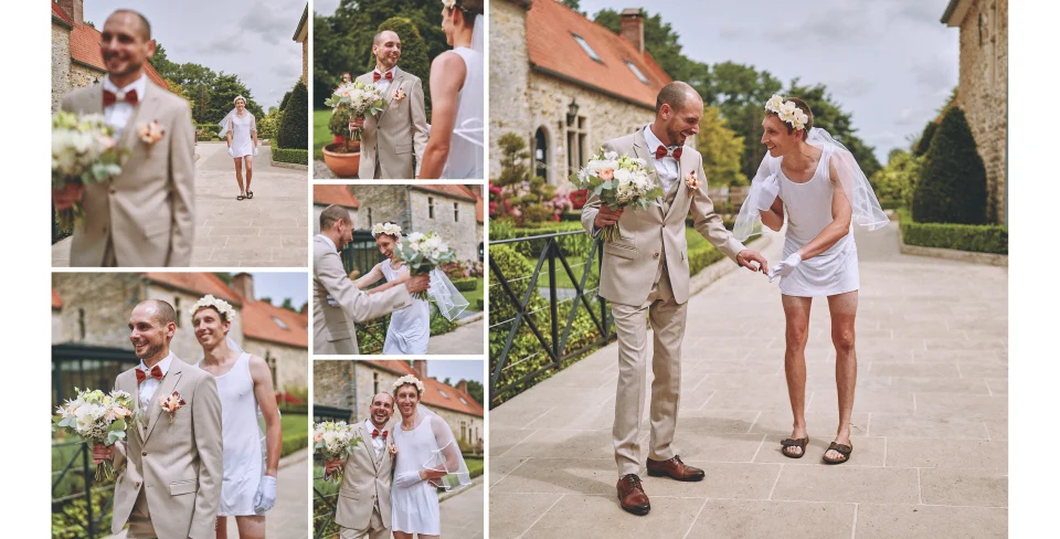 Le témoin du marié déguisé en mariée pour le "First Look", un moment drôle et original, capturé par Christophe Blaszkowski, Photographe passionné pour vos souvenirs de mariage basé à Lille.